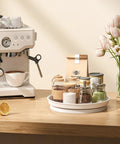 Kitchen counter with items on Two Pack 10 Inch Lazy Susan Turntable For Cabinets And Tables Perfect For Kitchen Pantry Refrigerator.