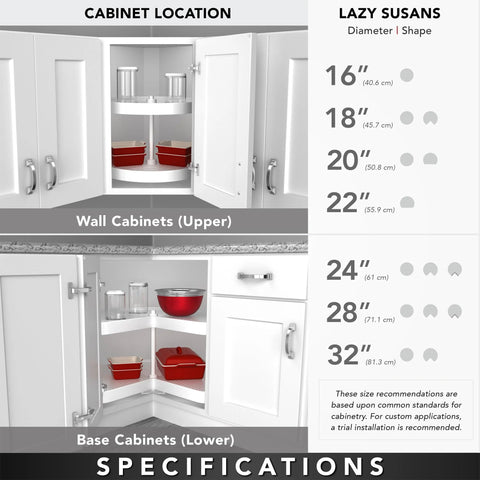 Specifications and usage for 32 Inch Kidney Shaped Wood Lazy Susan With 360 Degree Swivel Bearings in kitchen cabinets.