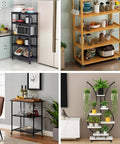 Four kitchen and living spaces with shelving units on caster wheels for storage and display.