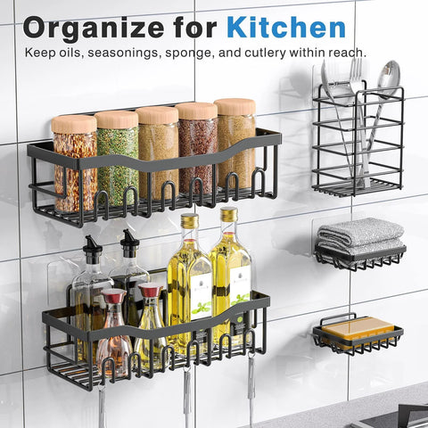 Adhesive Shower Caddy Set 5 Pack Rustproof Stainless Steel Bath Organizers With Large Capacity No Drilling Mounts For Tile And Glass Surfaces Including Two Caddies Two Soap Holders And One Toothbrush Holder Ideal For Bathroom Storage And Home Decor displayed with spices, bottles, cutlery, and towels.