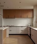 Modern kitchen with 10 Pack 5 Inch Matte Black Cabinet Handles Drawer Pulls for Cabinets and Cupboards installed on wooden cabinetry.