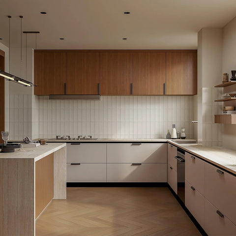 Modern kitchen with 10 Pack 5 Inch Matte Black Cabinet Handles Drawer Pulls for Cabinets and Cupboards installed on wooden cabinetry.