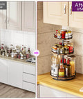 Before and after using Heavy Duty 3 Tier Lazy Susan Organizer, Adjustable Height Rotating Spice Rack with Thickened Wooden Boards in kitchen