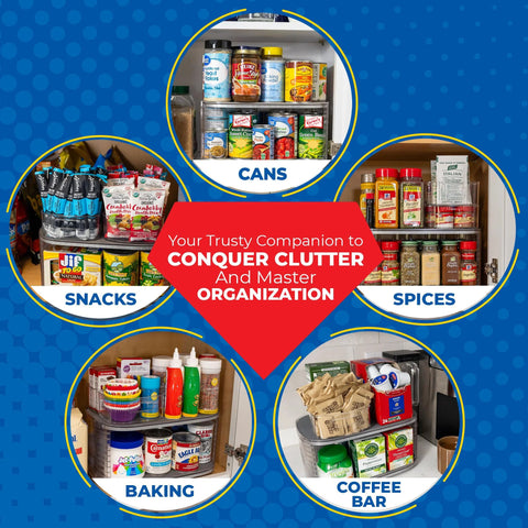 Two-Tier Kitchen Rotating Canned Goods Organizer with Turntable storing cans, snacks, spices, baking items, and coffee supplies