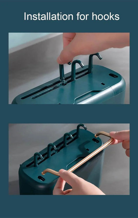 Close-up of hooks installation on Multifunctional Kitchen Utensils Wall Mounted Organizer Box, Cookware Cutlery Holder (White).