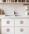 Petal Flower Drawer Pulls Set 4pcs Zinc Alloy Single Hole Handles With Rhinestone Inlays installed on kitchen cabinet drawers.