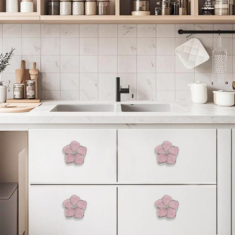 Petal Flower Drawer Pulls Set 4pcs Zinc Alloy Single Hole Handles With Rhinestone Inlays installed on kitchen cabinet drawers.