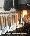 Kitchen Hanging Racks 304 Stainless Steel 20 Inch Rail Utensil Storage Hanger with 10 Pcs Noiseless Sliding Hooks in use above stove.