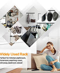 Collage showing wall mounted Kitchen Utensil Rack with Removable S Hook for hanging pots, pans, mugs in various home settings.