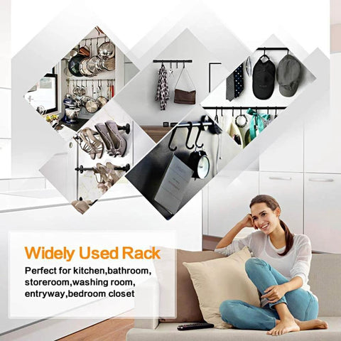 Collage showing wall mounted Kitchen Utensil Rack with Removable S Hook for hanging pots, pans, mugs in various home settings.