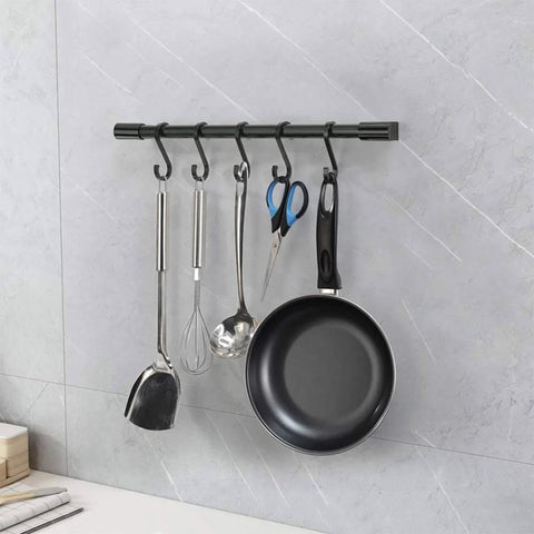 Kitchen Rail with Hooks, Pan and Pot Hangers for Kitchen Wall Mount, Aluminum 17.3inch Black 5-S Hook rack holding utensils