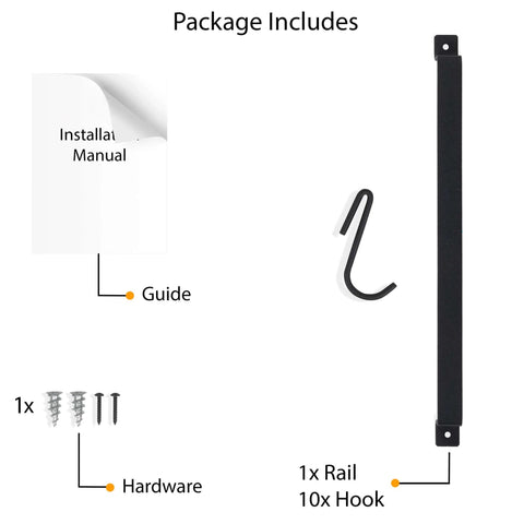 Package contents of Gourmet Kitchen Rail with 10 Hooks, including installation manual, hardware, and black wrought iron rail and hook.