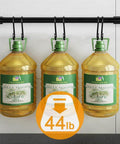 Kitchen Rail with Hooks, Pan and Pot Hangers for Kitchen Wall Mount, supporting 3 large olive oil bottles, 44 lb weight capacity.