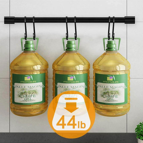 Kitchen Rail with Hooks, Pan and Pot Hangers for Kitchen Wall Mount, supporting 3 large olive oil bottles, 44 lb weight capacity.
