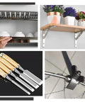 Collage of home projects featuring kitchen shelving, wall-mounted shelf with plants, wood carving tools, and bicycle wheel spoke adjustment.