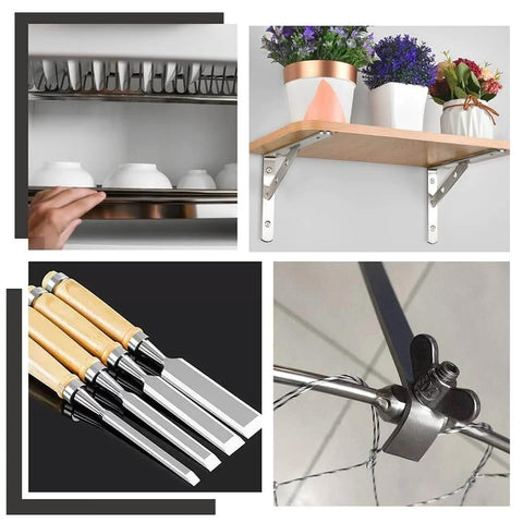 Collage of home projects featuring kitchen shelving, wall-mounted shelf with plants, wood carving tools, and bicycle wheel spoke adjustment.
