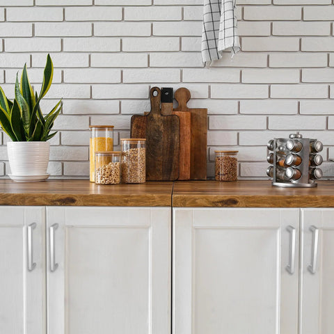 Modern kitchen with Two Pack Silver 5.5 Inch Square Cabinet Pulls Stainless Steel Drawer Handles installed on white cupboards.