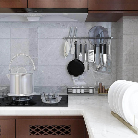 Kitchen Hanging Racks 304 Stainless Steel 20 Inch Rail Utensil Storage Hanger with 10 Pcs Noiseless Sliding Hooks, mounted in kitchen