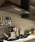 Kitchen Sliding Hooks, Stainless Steel Hanging Rack Rail with utensils on wall above stove, 10 movable S hooks, 23.6 inches long
