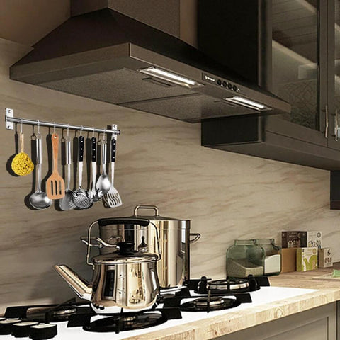 Kitchen Sliding Hooks, Stainless Steel Hanging Rack Rail with utensils on wall above stove, 10 movable S hooks, 23.6 inches long