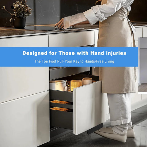 Foot Pull For Trash Cabinet Drawer Hands Free Design For Kitchen Garbage Cabinet installed in white kitchen with person using foot