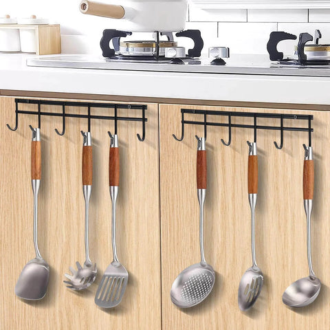 Kitchen Utensil Hanger, Wall Mout Kitchen Utensil Holder Organizer Rack with 6 Hooks, holding kitchen utensils under counter.