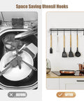 Before and after using Kitchen Utensil Hanger, Adhesive Utensil Holder Wall Mount Kitchen Rack Rail with 12 Hooks, Black, 2 Pcs