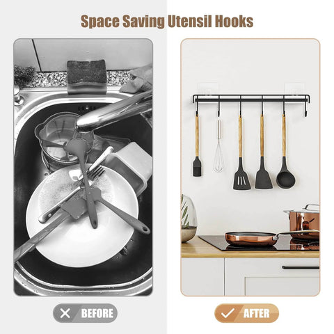 Before and after using Kitchen Utensil Hanger, Adhesive Utensil Holder Wall Mount Kitchen Rack Rail with 12 Hooks, Black, 2 Pcs