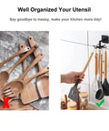 Comparison of cluttered kitchen utensils and organized utensils on Kitchen Utensil Hanger with 6 Hooks, 2 Pack Under Cabinet Utensil Holder 360° Rotatable Kitchen Hooks Utensil Rack Space Saving No Drilling Nail Free Kitchen Utensil Organizer for Wall, Black.