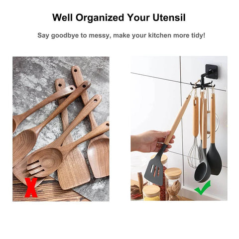 Comparison of cluttered kitchen utensils and organized utensils on Kitchen Utensil Hanger with 6 Hooks, 2 Pack Under Cabinet Utensil Holder 360° Rotatable Kitchen Hooks Utensil Rack Space Saving No Drilling Nail Free Kitchen Utensil Organizer for Wall, Black.
