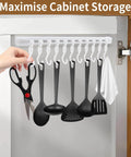 Kitchen Utensil Hanging Rrack - Hooks for Kitchen Utensils, No Drilling Wall Mounted Utensil Holder showing utensils and scissors hanging