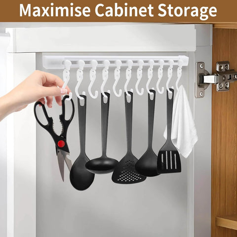 Kitchen Utensil Hanging Rrack - Hooks for Kitchen Utensils, No Drilling Wall Mounted Utensil Holder showing utensils and scissors hanging