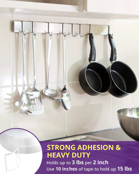 Heavy Duty Double Sided Tape Clear Removable Mounting Tape For Home Office Walls Decor Poster Hanging Carpet Automotive Trim DIY Projects Multipurpose Transparent Adhesive 155 Inch Long And 1 Inch Wide No Residue displayed as utensil and pot holder in kitchen