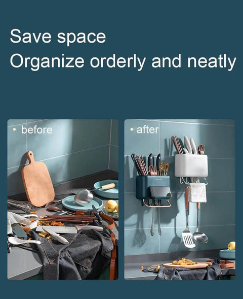 Before and after of Multifunctional Kitchen Utensils Wall Mounted Organizer Box, showcasing organized kitchen with self-drying rack.
