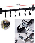 Gourmet Kitchen Utensil Rack with 6 Hooks, Wall Mounted Rail Wrought Iron Hanging Utensil Holder Rack with Removable S Hooks 16 Inch, dimensions shown.
