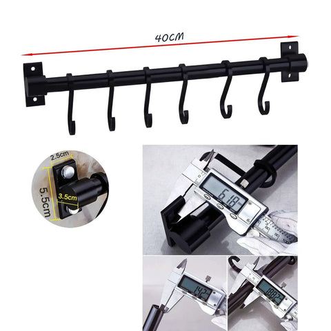 Gourmet Kitchen Utensil Rack with 6 Hooks, Wall Mounted Rail Wrought Iron Hanging Utensil Holder Rack with Removable S Hooks 16 Inch, dimensions shown.