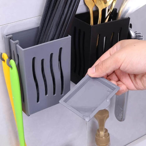 Person using Multifunctional Kitchen Utensil Rack Draining Chopstick Holder Wall-Mounted Freestanding Cutlery Storage Box (Black)