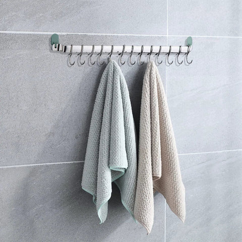 Kitchen Utensil Rail Organizer - Wall Mounted Gourmet Rack With 14 Hooks, towels hanging, stainless steel rack on tiled wall