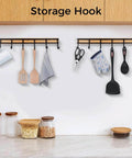 Wall-Mount Kitchen Utensil Holder Organizer Rack with 6 Hooks displaying kitchen utensils, black metal with bamboo, 2 Set Kitchen Wall Hooks