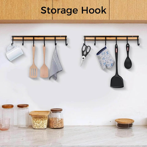 Wall-Mount Kitchen Utensil Holder Organizer Rack with 6 Hooks displaying kitchen utensils, black metal with bamboo, 2 Set Kitchen Wall Hooks