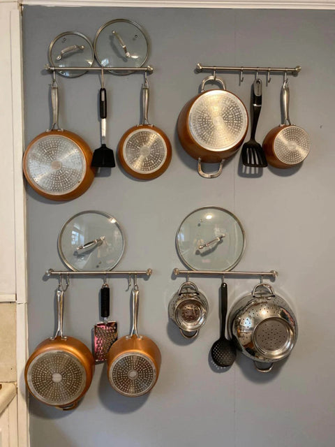 15.6 Inch Pots and Pans Hanging Rack Wall Mounted with Utensils, 304 Stainless Steel, 7 Sliding Hooks for Kitchen Use