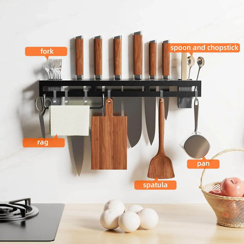 Wall Mount Utensil Rack, 15.7inch Kitchen Utensil Hanger with spoons, knives, forks, chopsticks, and pot rack mounted on wall
