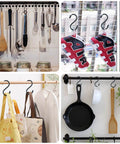 Hooks displaying kitchen tools, sneakers, bags, and cookware for organized storage solutions.