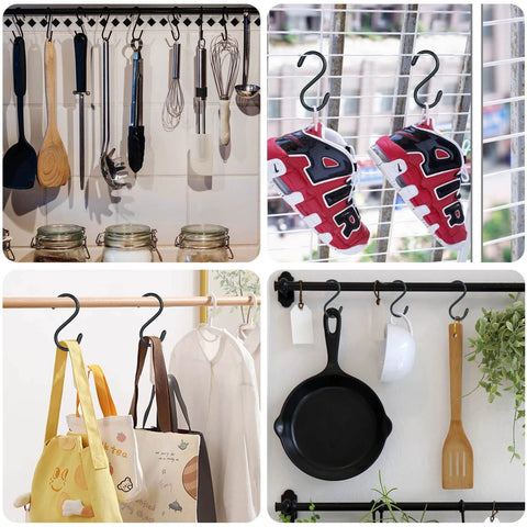 Hooks displaying kitchen tools, sneakers, bags, and cookware for organized storage solutions.