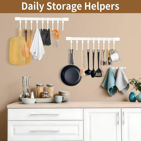 Kitchen Utensil Hanging Rrack - Hooks for Kitchen Utensils, No Drilling Wall Mounted Utensil Holder, showing two racks with utensils.