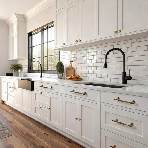 Kitchen with white cabinets featuring 10 Pack Vintage Antique Brass Cabinet Knobs 1 Inch Round Dresser Knobs For Kitchen Cabinets Drawers