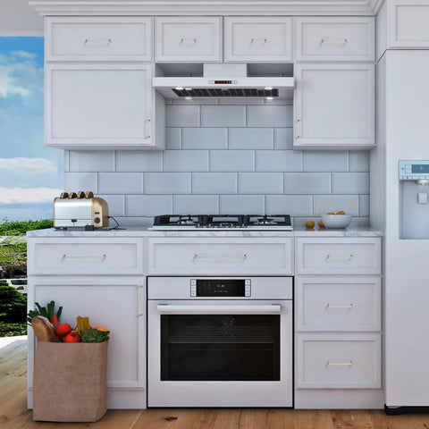 Modern kitchen with brushed nickel cabinet pulls on white cupboards, showcasing brushed nickel hardware for home improvement projects.
