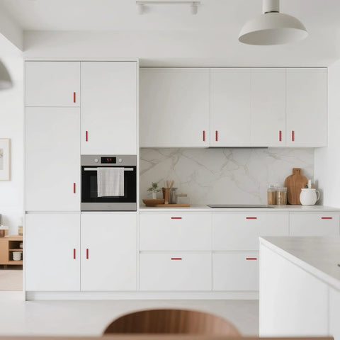 Modern kitchen with white cabinets featuring Six Pack Adjustable Cabinet Handles In Red Aluminum For Kitchen Drawers And Cabinets.