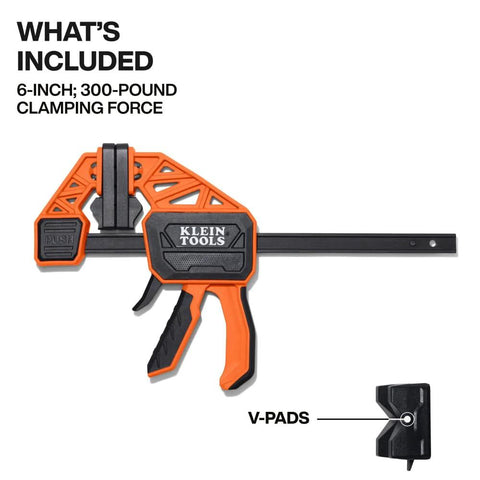 Speed Klamp 6 Inch Bar Clamp From Klein Tools With 300 Pound Clamping Force for one-handed operation, visible with V-pads.