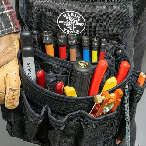 Six Piece SAE Magnetic Impact Nut Setter Set With Color Coded Power Nut Drivers And Extended Reach For Heavy Duty Fastening Includes 1/4 5/16 3/8 7/16 1/2 9/16 Inch Sizes Rare Earth Magnets For One Hand Driving Klein Tools 32930 in tool pouch